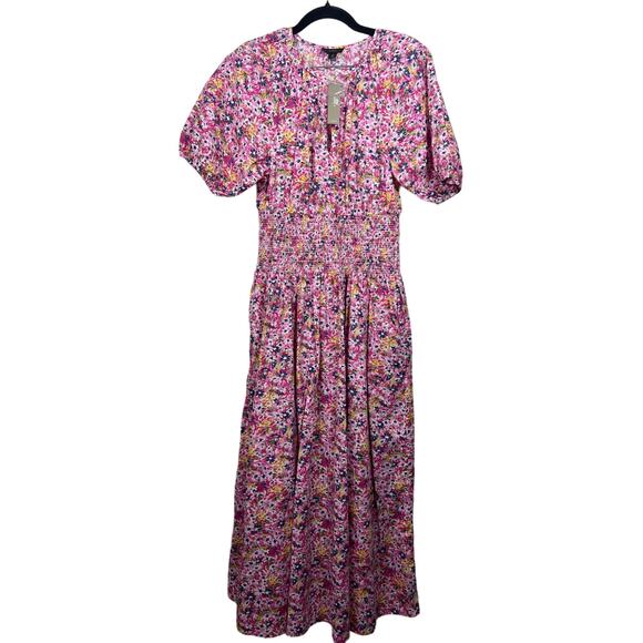 NWT J. Crew Tall Small Puff Sleeve Smocked Waist Midi Dress Pink Floral Fields - Picture 2 of 11